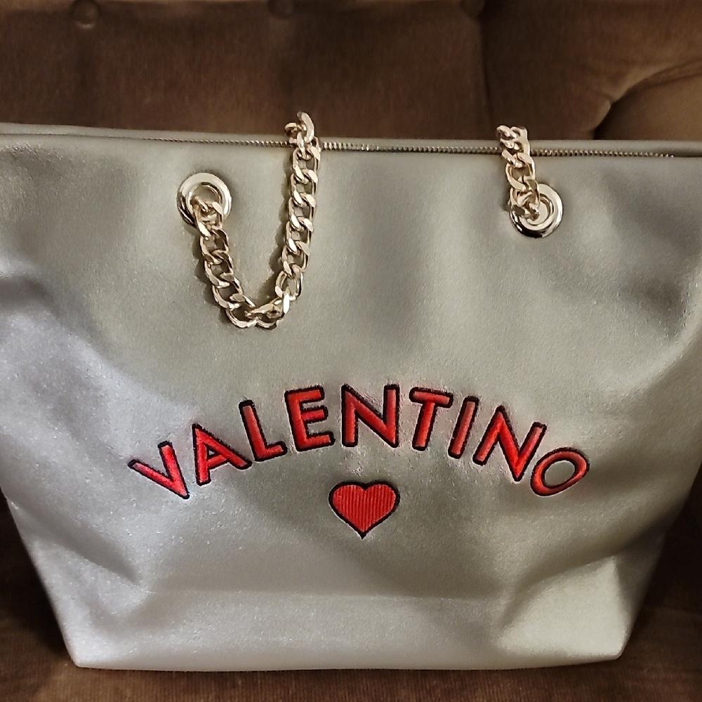 Valentino Silver and Red Tote Bag with Chain Handles